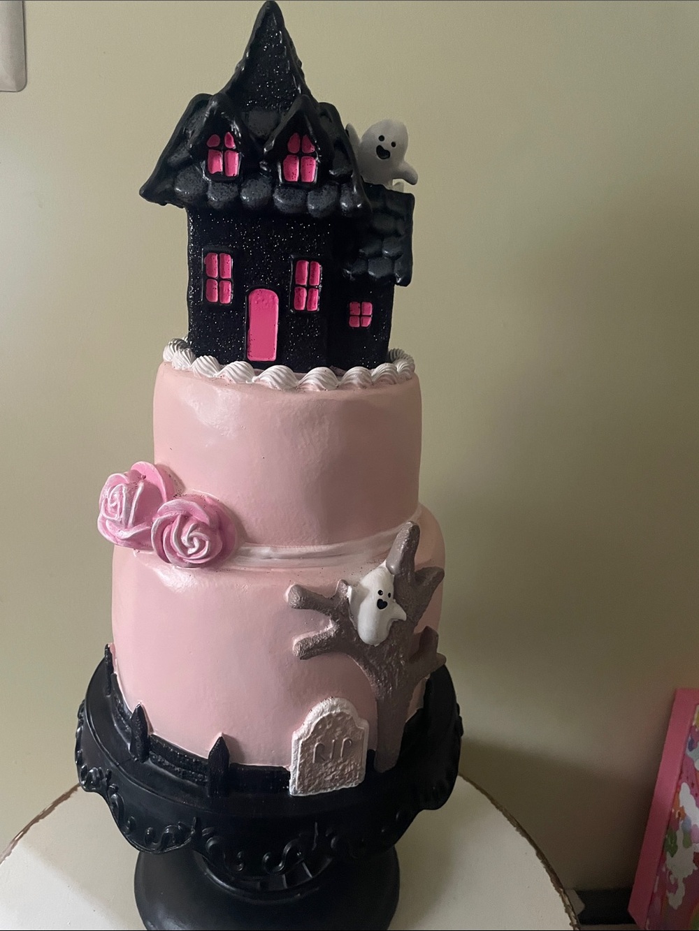Halloween 22" Pink Cake With Ghosts Haunted House Hand Painted